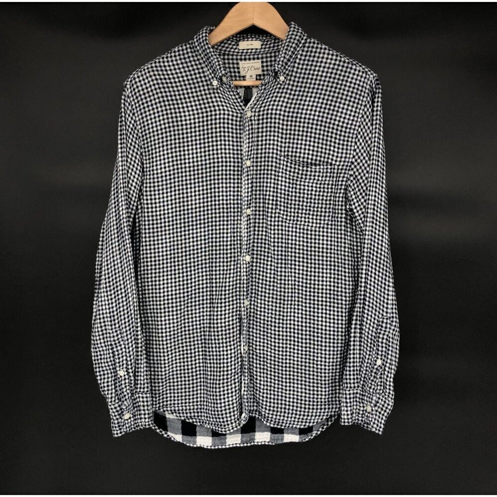J.Crew Mens Slim Double-Weave Button Up Shirt M Navy White Gingham Cotton Preppy